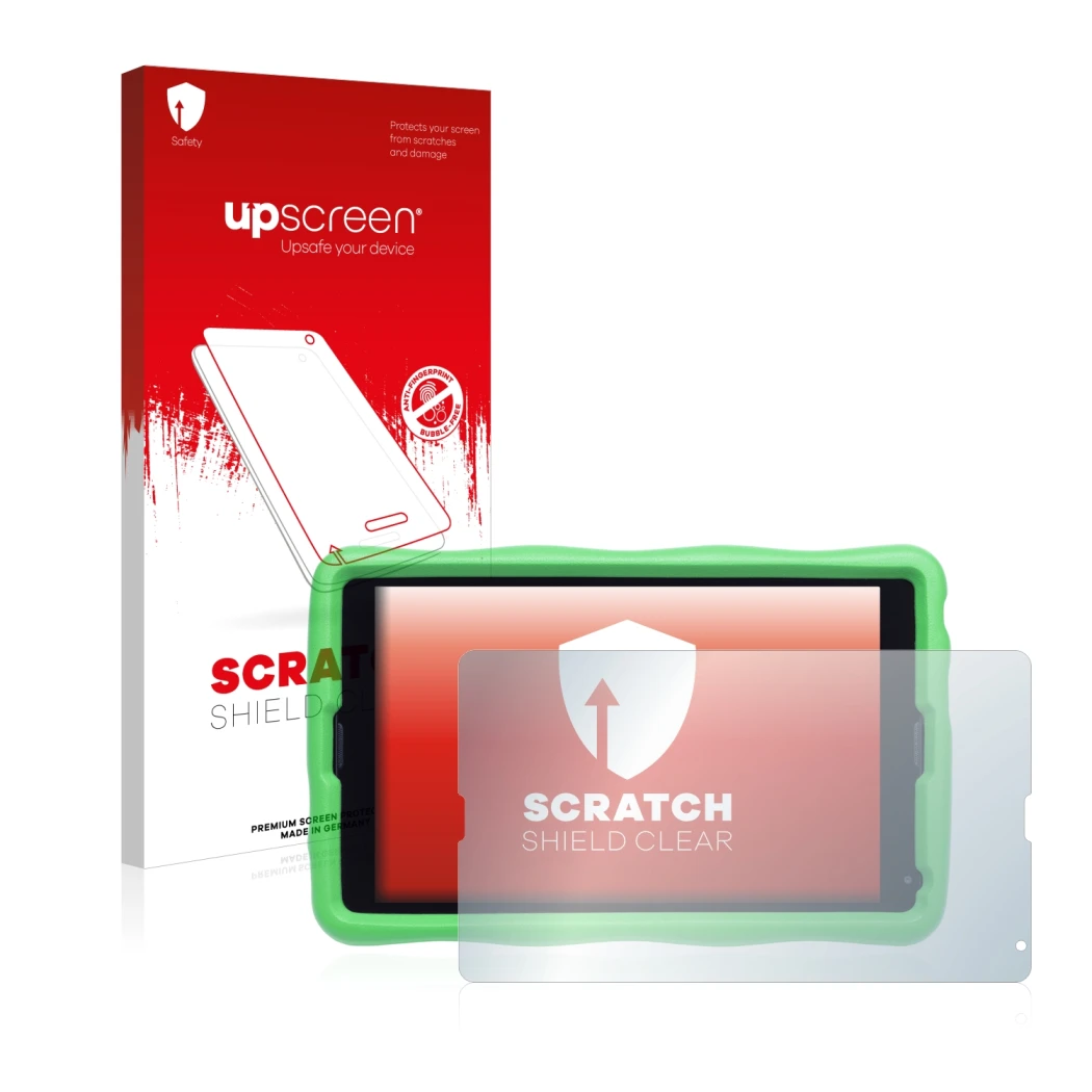 Parte frontal de un envase de producto con el logotipo de la marca upscreen. Al lado se muestra el dispositivo MEDION Lifetab