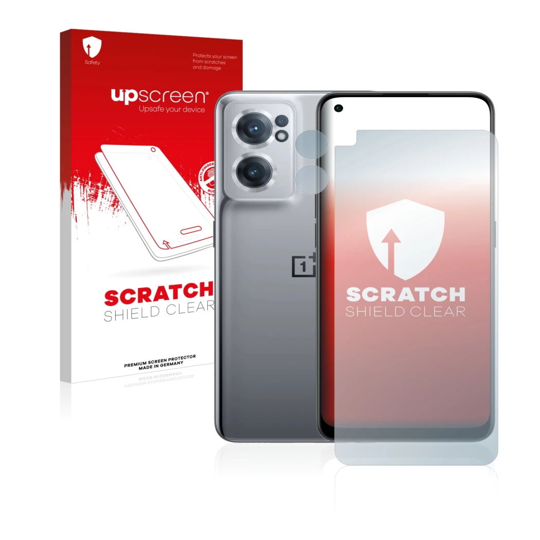 Parte frontal de un envase de producto con el logotipo de la marca upscreen. Al lado se muestra el dispositivo OnePlus Nord CE