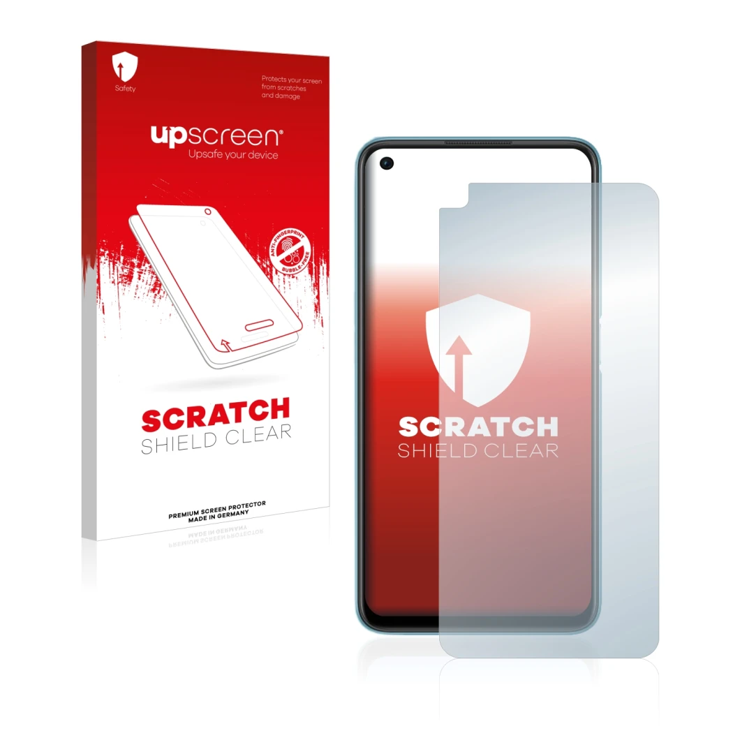Parte frontal de un envase de producto con el logotipo de la marca upscreen. Al lado se muestra el dispositivo Oppo A76 con su