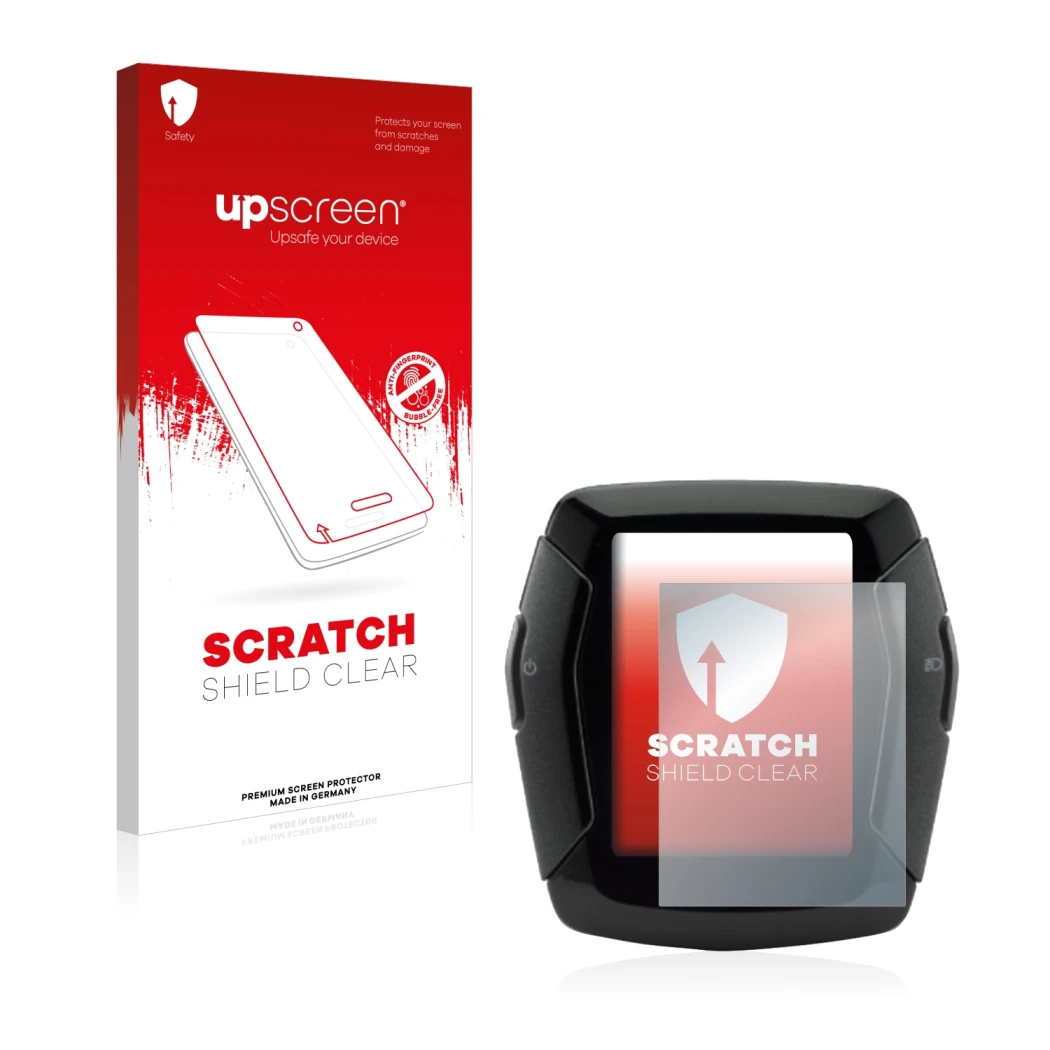 Parte frontal de un envase de producto con el logotipo de la marca upscreen. Al lado se muestra el dispositivo Yamaha Display 