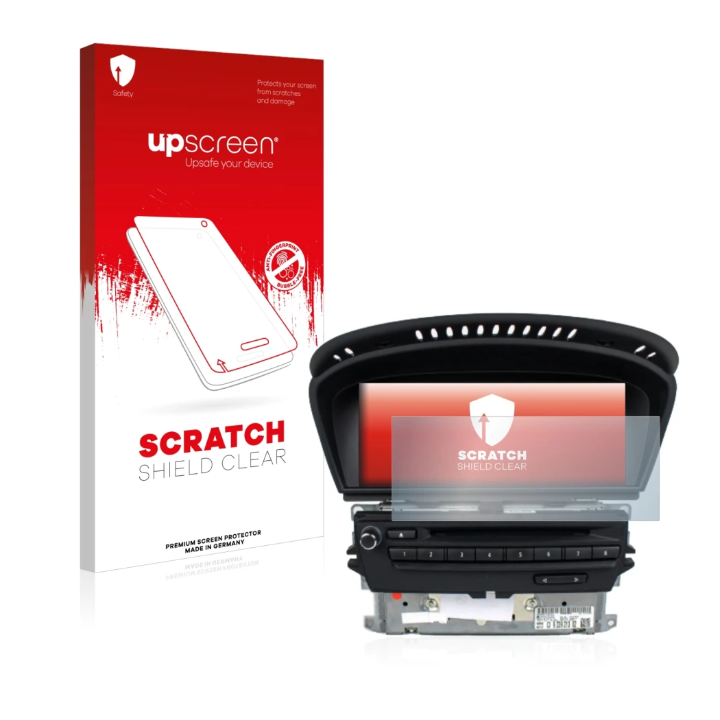 Parte frontal de un envase de producto con el logotipo de la marca upscreen. Al lado se muestra el dispositivo BMW 3 E93 2011