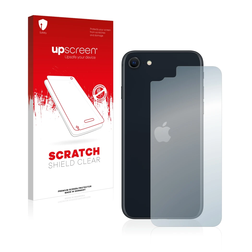 Parte frontal de un envase de producto con el logotipo de la marca upscreen. Al lado se muestra el dispositivo Apple iPhone SE