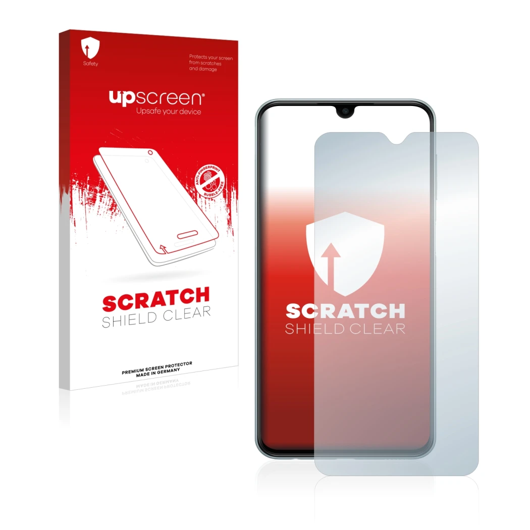 Parte frontal de un envase de producto con el logotipo de la marca upscreen. Al lado se muestra el dispositivo Samsung Galaxy