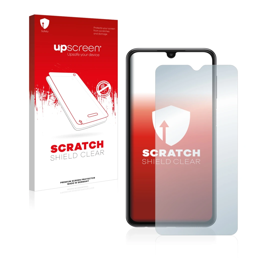 Parte frontal de un envase de producto con el logotipo de la marca upscreen. Al lado se muestra el dispositivo Samsung Galaxy