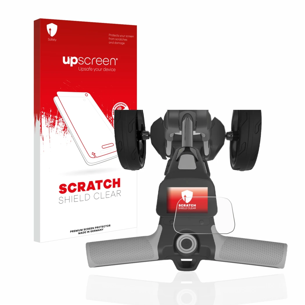 Parte frontal de un envase de producto con el logotipo de la marca upscreen. Al lado se muestra el dispositivo PowaKaddy FX5 2