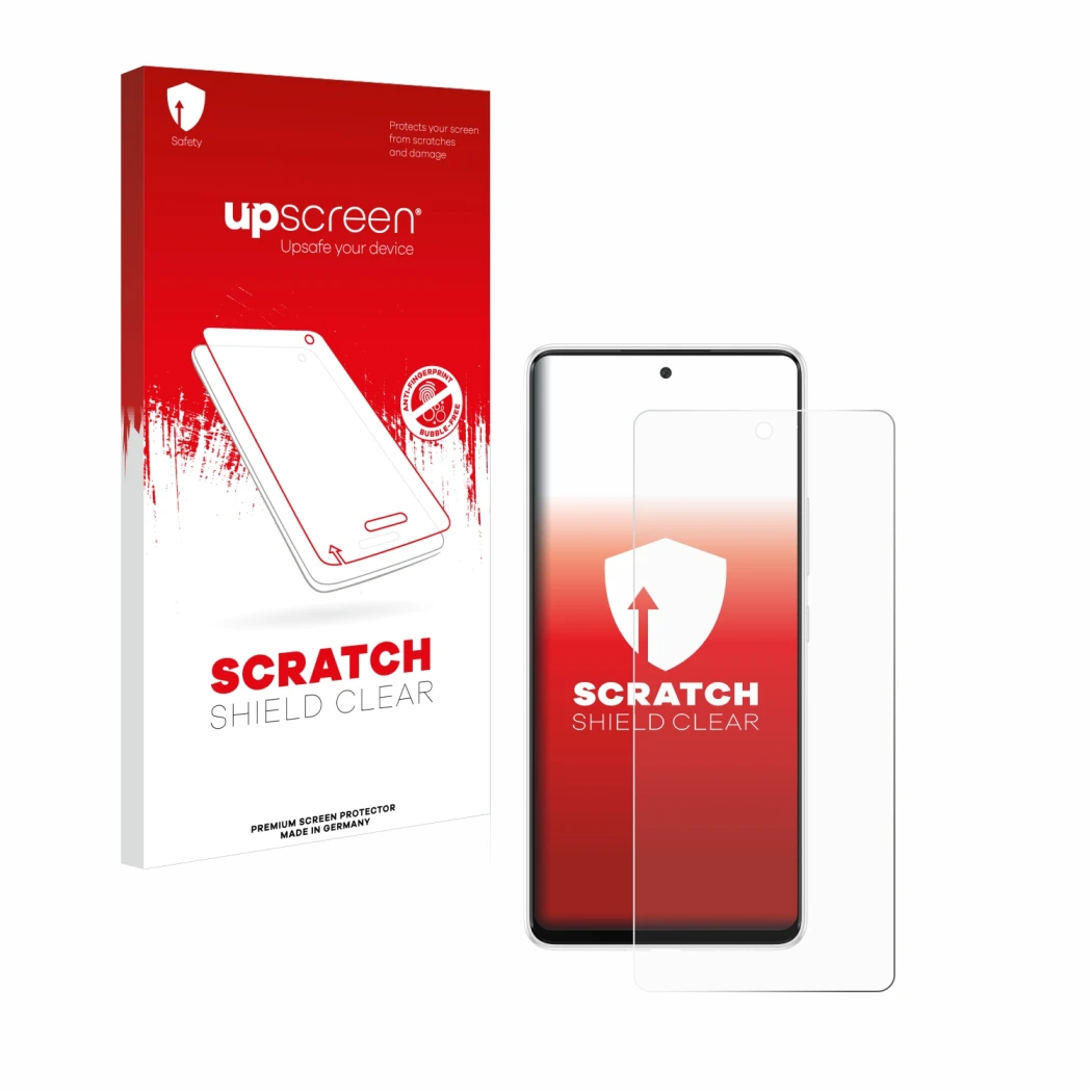 Parte frontal de un envase de producto con el logotipo de la marca upscreen. Al lado se muestra el dispositivo Samsung Galaxy 