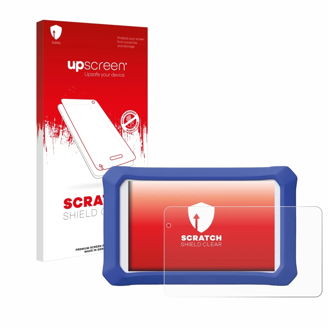 Parte frontal de un envase de producto con el logotipo de la marca upscreen. Al lado se muestra el dispositivo Clementoni Clem