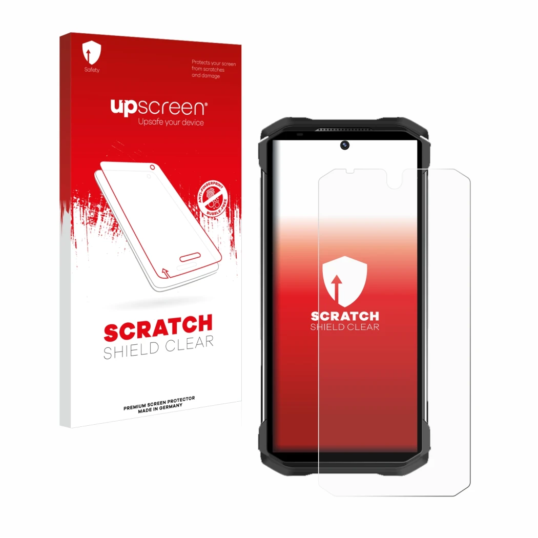 Parte frontal de un envase de producto con el logotipo de la marca upscreen. Al lado se muestra el dispositivo Doogee S98 con