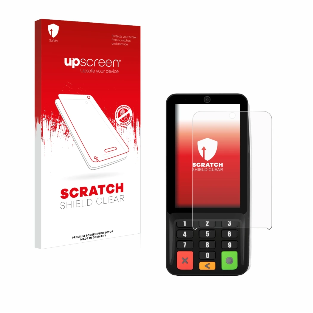Parte frontal de un envase de producto con el logotipo de la marca upscreen. Al lado se muestra el dispositivo Pax A35 con su