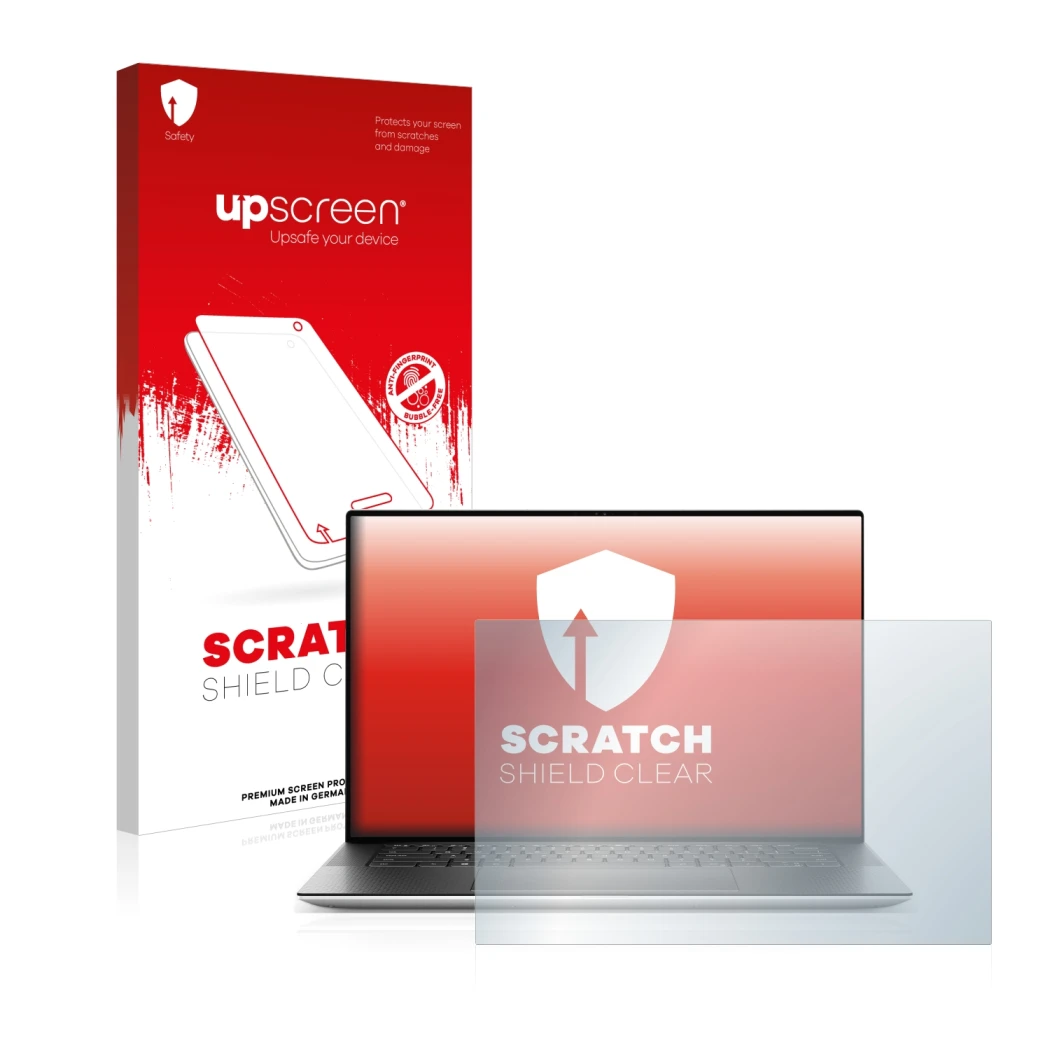 Parte frontal de un envase de producto con el logotipo de la marca upscreen. Al lado se muestra el dispositivo Dell XPS 15 952