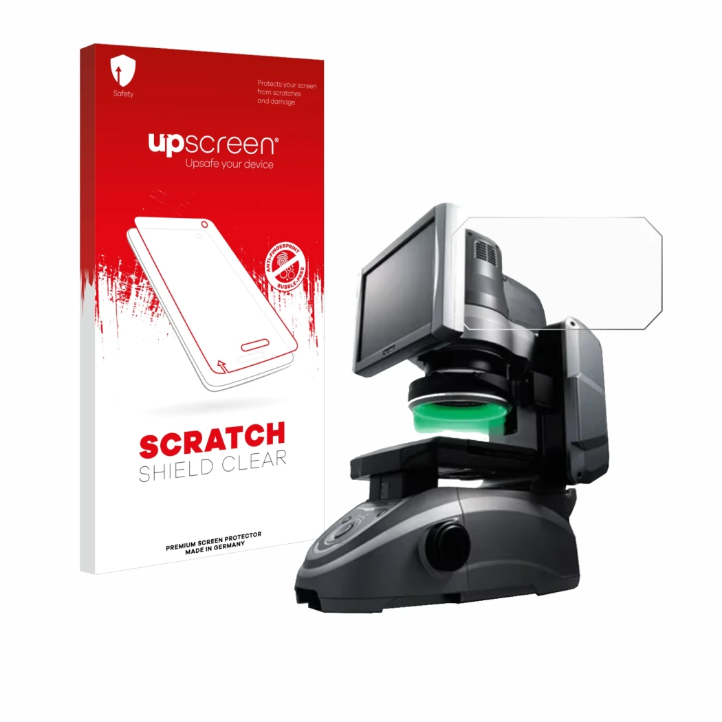 Parte frontal de un envase de producto con el logotipo de la marca upscreen. Al lado se muestra el dispositivo Keyence IM-6125