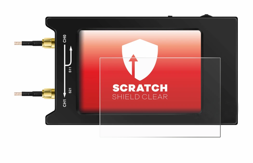 Imagen del dispositivo NanoVNA H4 con una amplia variedad de protectores de pantalla.