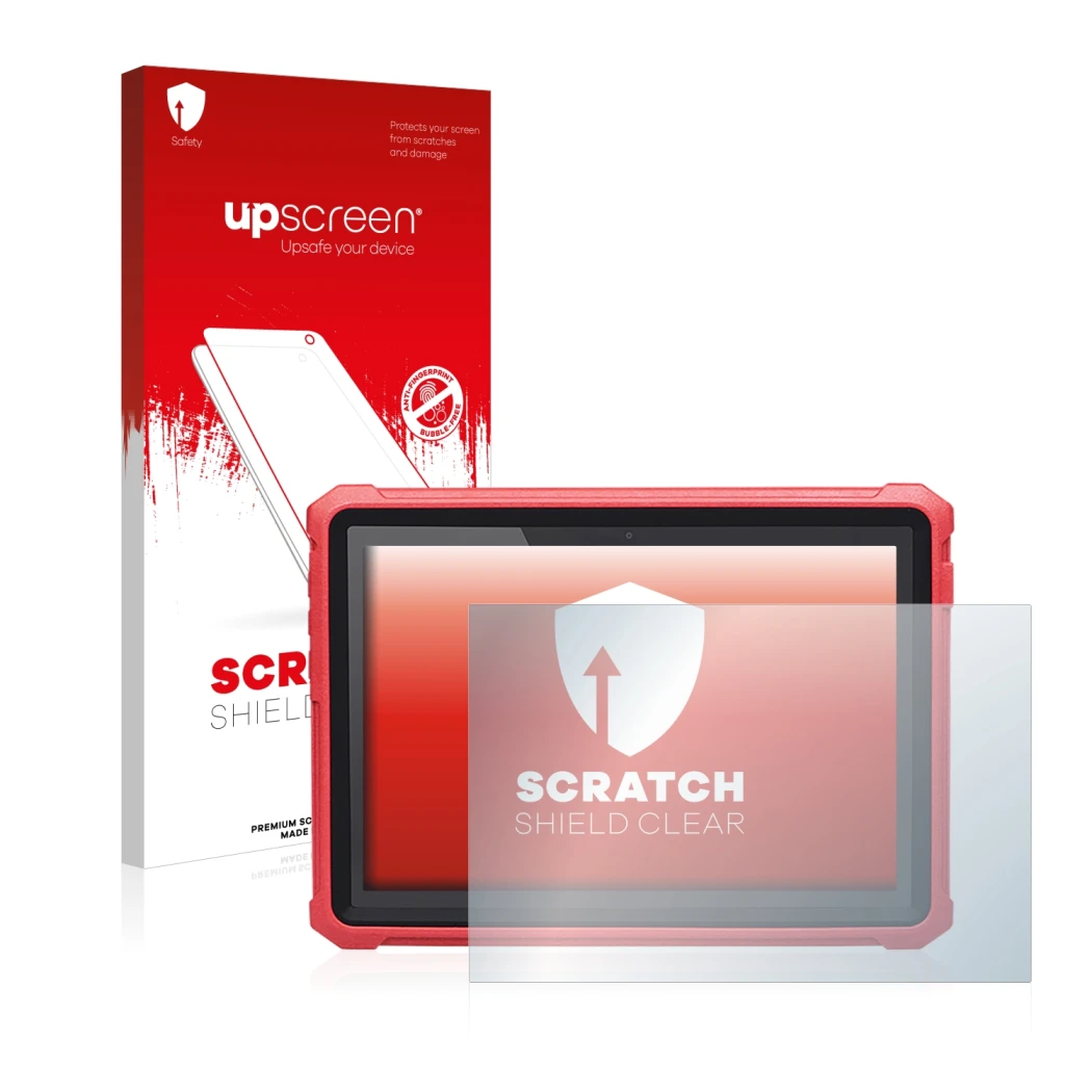 Parte frontal de un envase de producto con el logotipo de la marca upscreen. Al lado se muestra el dispositivo Launch X-431 Pr