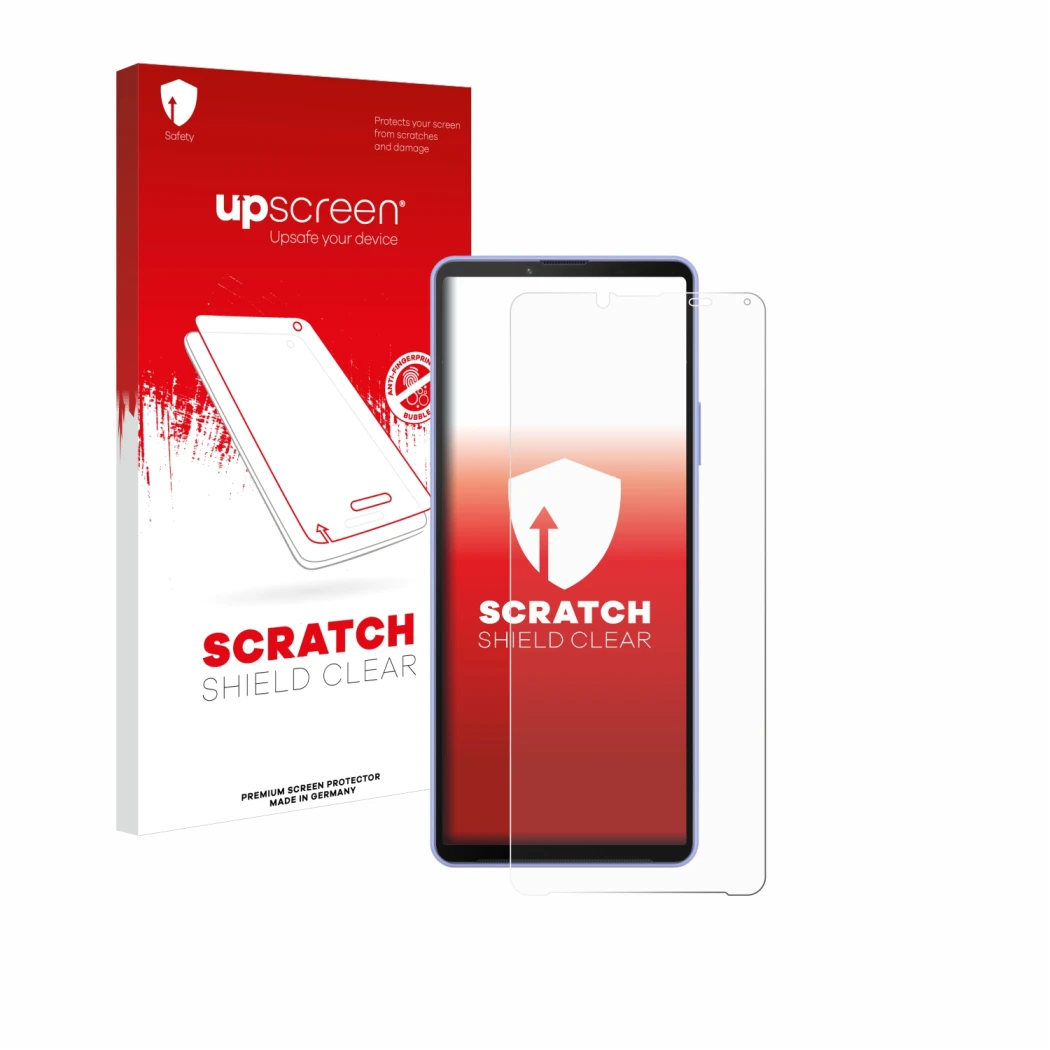 Parte frontal de un envase de producto con el logotipo de la marca upscreen. Al lado se muestra el dispositivo Sony Xperia 10 
