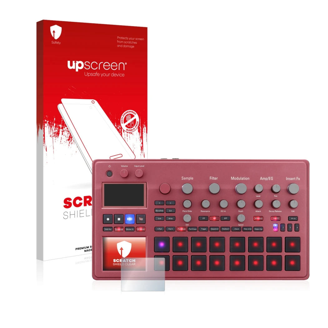 Parte frontal de un envase de producto con el logotipo de la marca upscreen. Al lado se muestra el dispositivo KORG electribe 