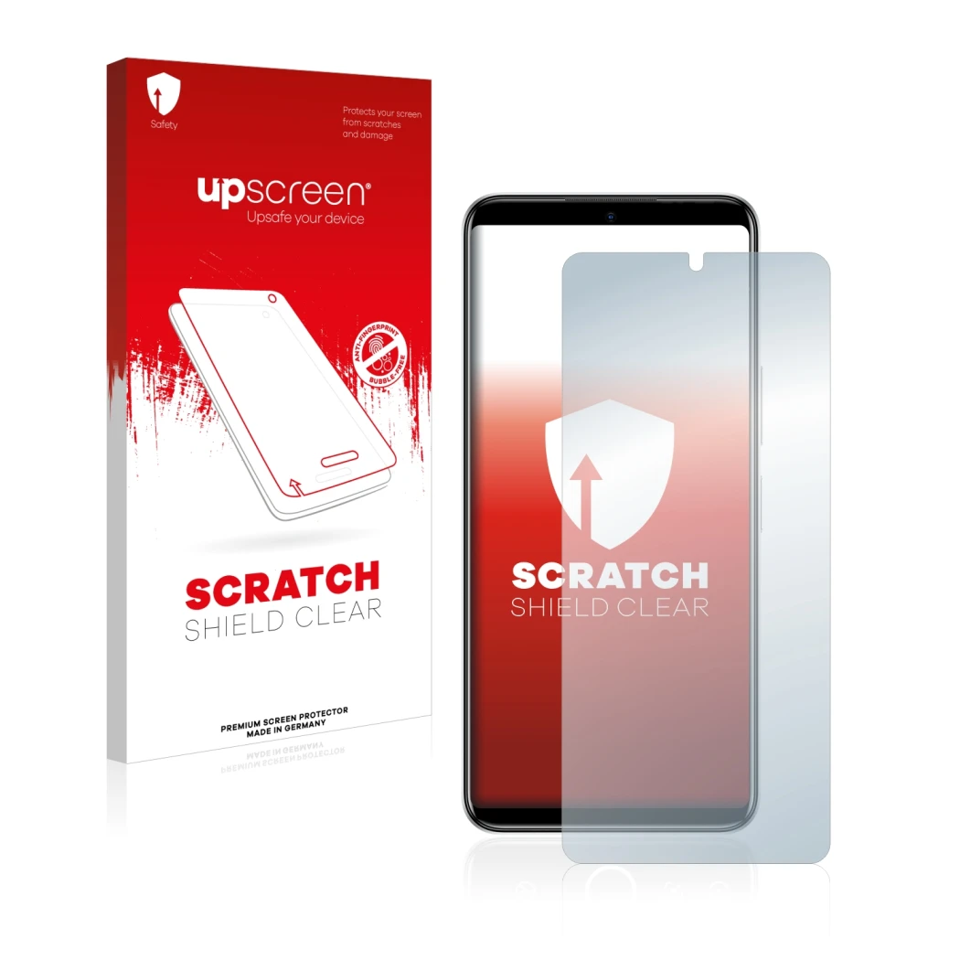 Parte frontal de un envase de producto con el logotipo de la marca upscreen. Al lado se muestra el dispositivo Infinix Note 12
