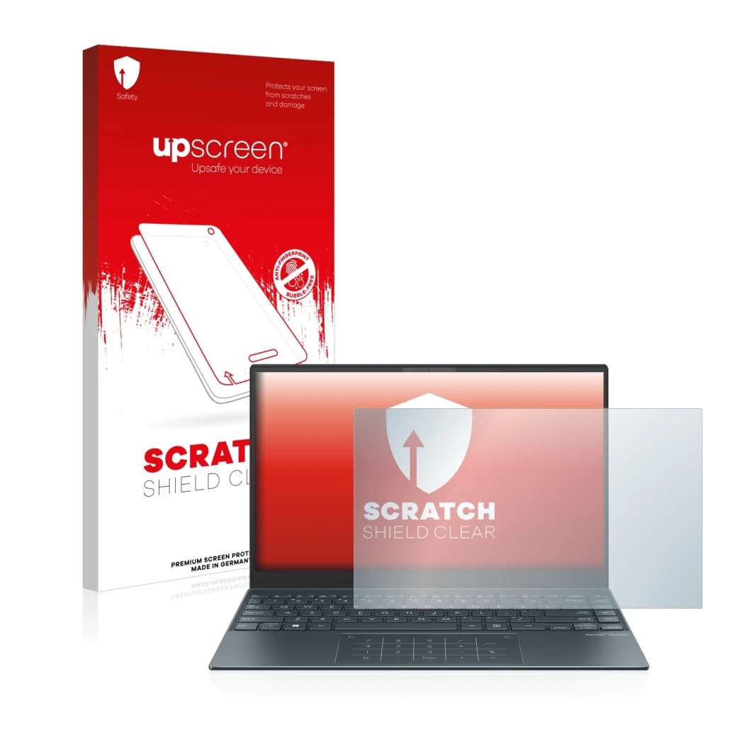 Parte frontal de un envase de producto con el logotipo de la marca upscreen. Al lado se muestra el dispositivo ASUS ZenBook 13