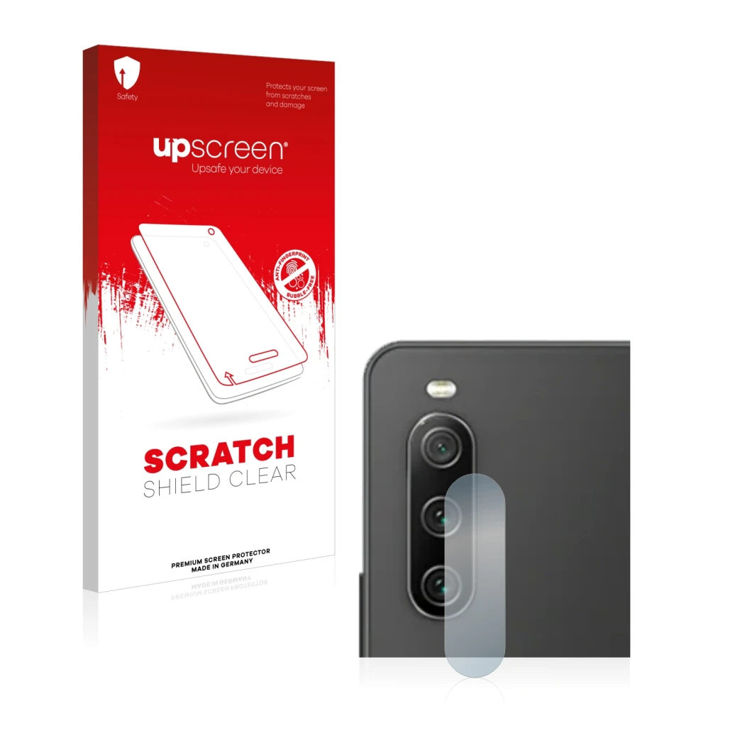 Parte frontal de un envase de producto con el logotipo de la marca upscreen. Al lado se muestra el dispositivo Sony Xperia 10