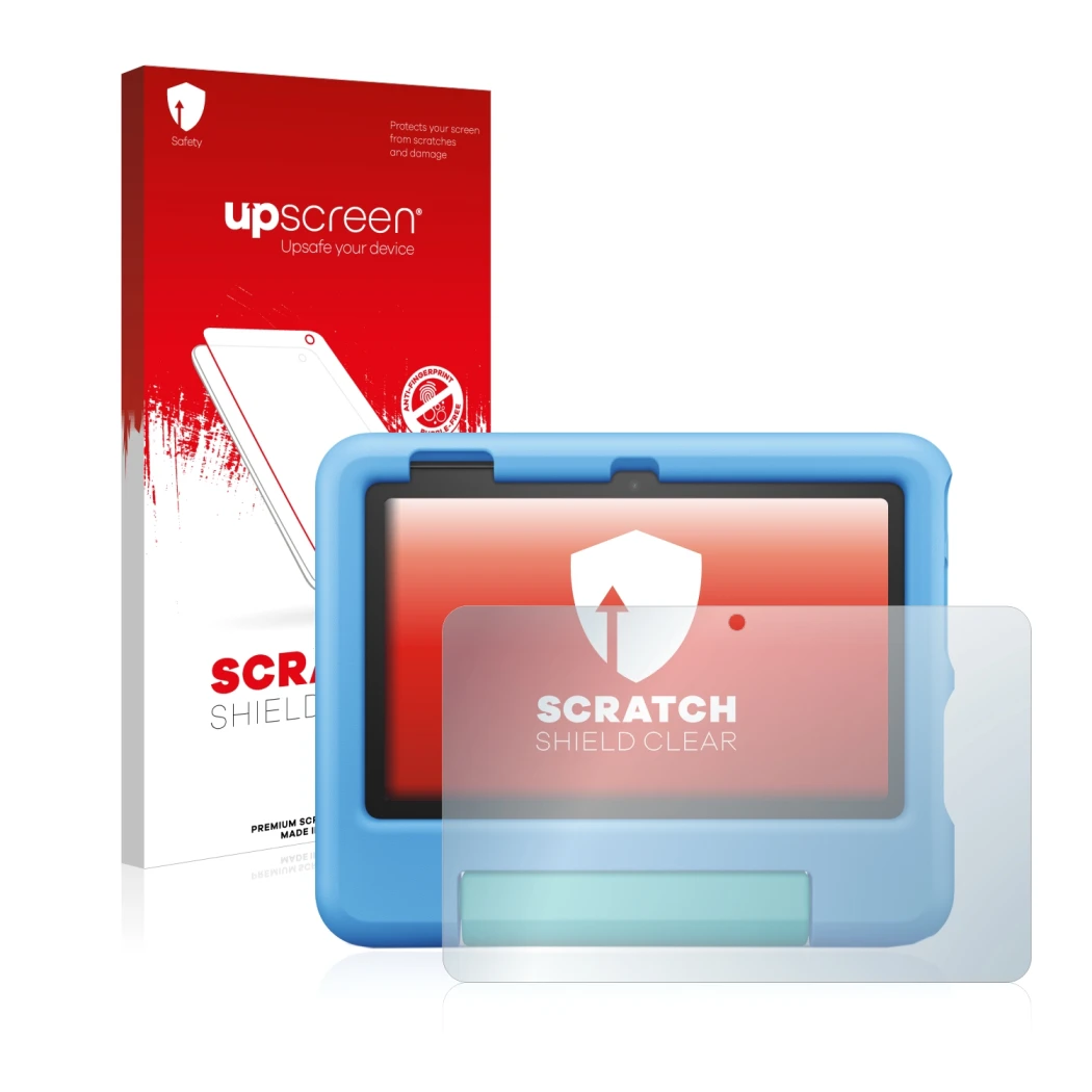 Parte frontal de un envase de producto con el logotipo de la marca upscreen. Al lado se muestra el dispositivo Amazon Fire 7 K