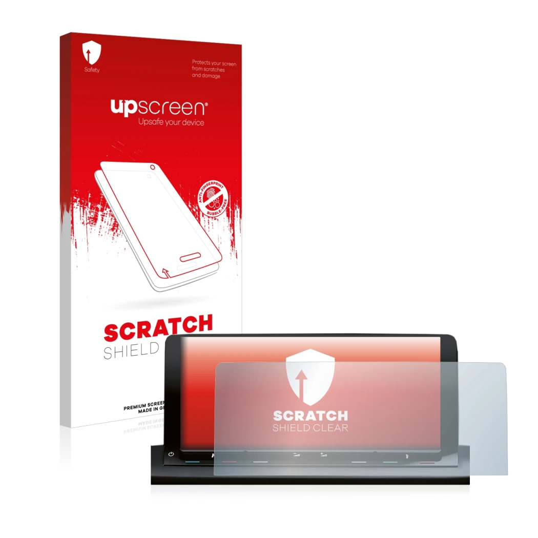 Parte frontal de un envase de producto con el logotipo de la marca upscreen. Al lado se muestra el dispositivo Volkswagen Cadd