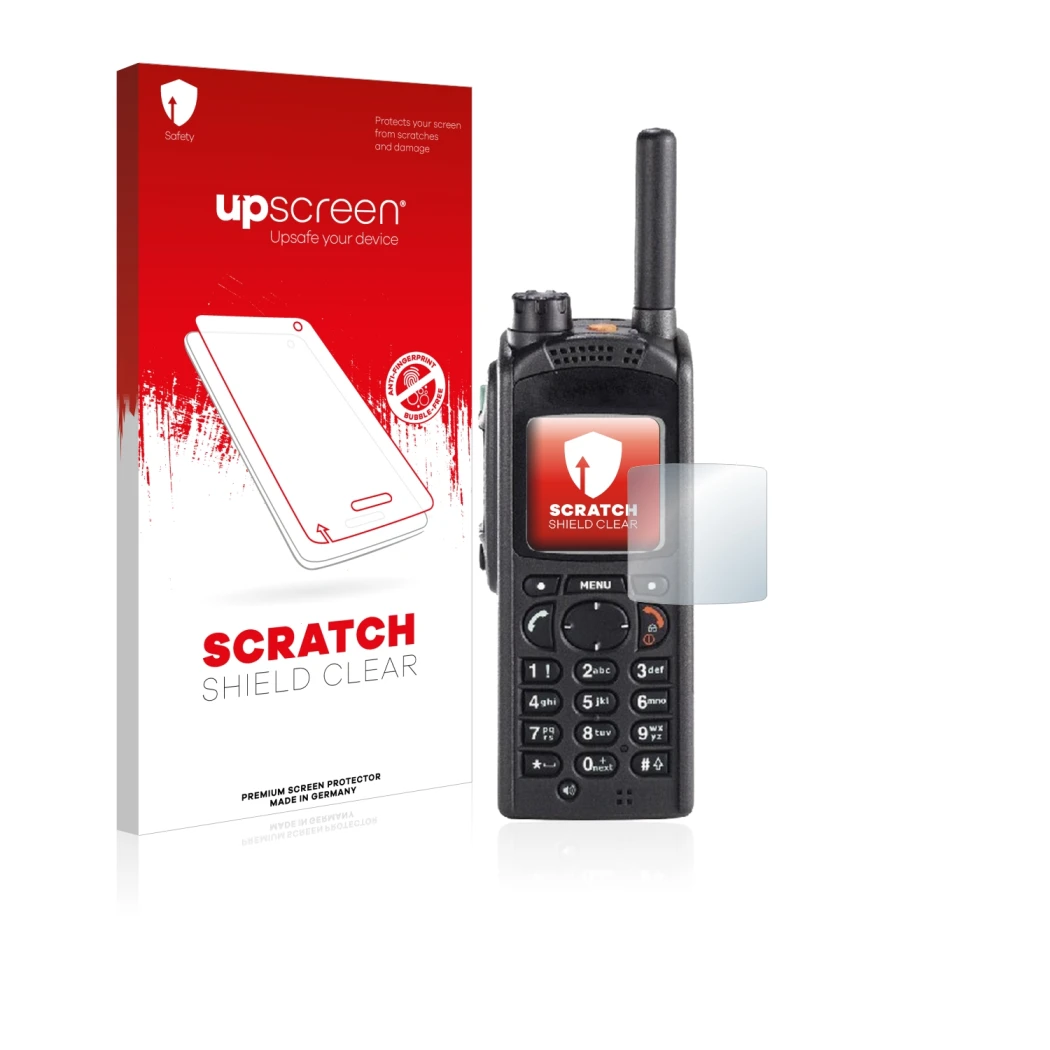 Parte frontal de un envase de producto con el logotipo de la marca upscreen. Al lado se muestra el dispositivo Motorola MTP850