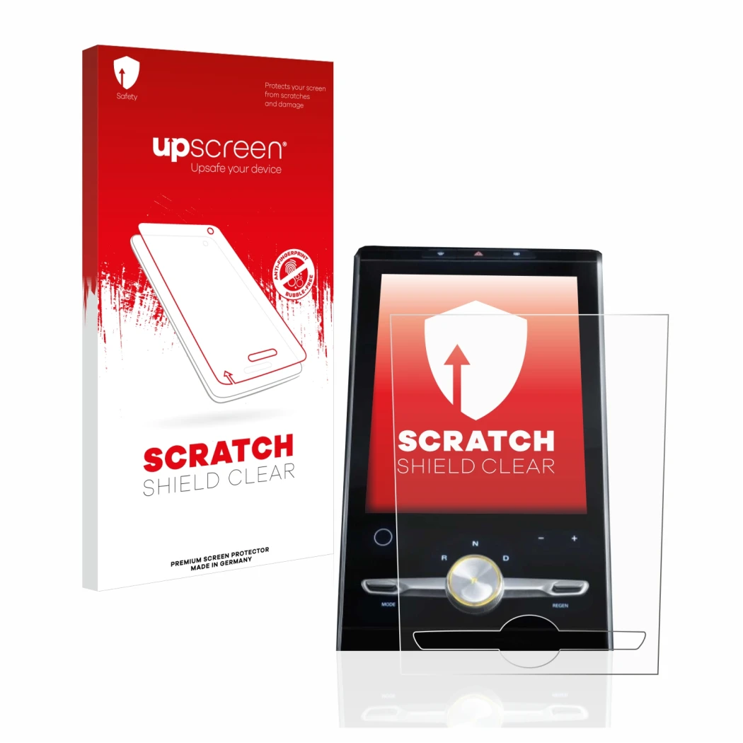 Parte frontal de un envase de producto con el logotipo de la marca upscreen. Al lado se muestra el dispositivo MG Marvel R 202