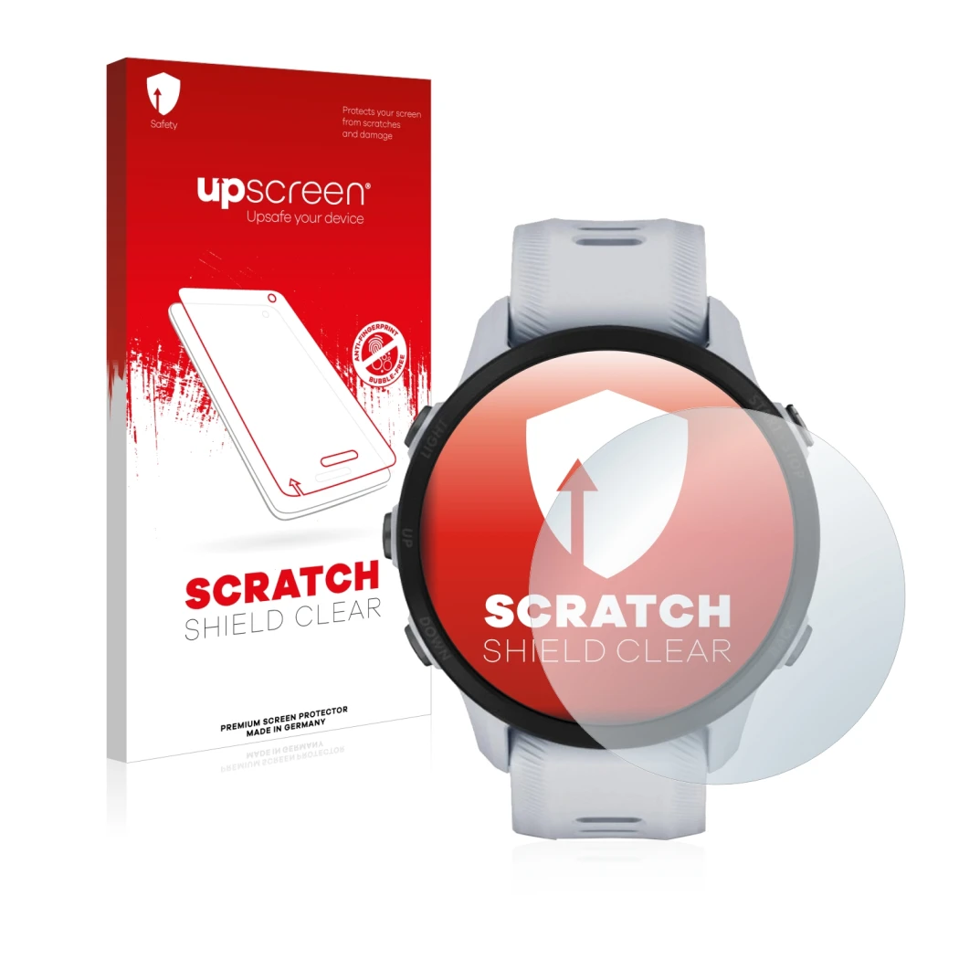 Parte frontal de un envase de producto con el logotipo de la marca upscreen. Al lado se muestra el dispositivo Garmin Forerunn