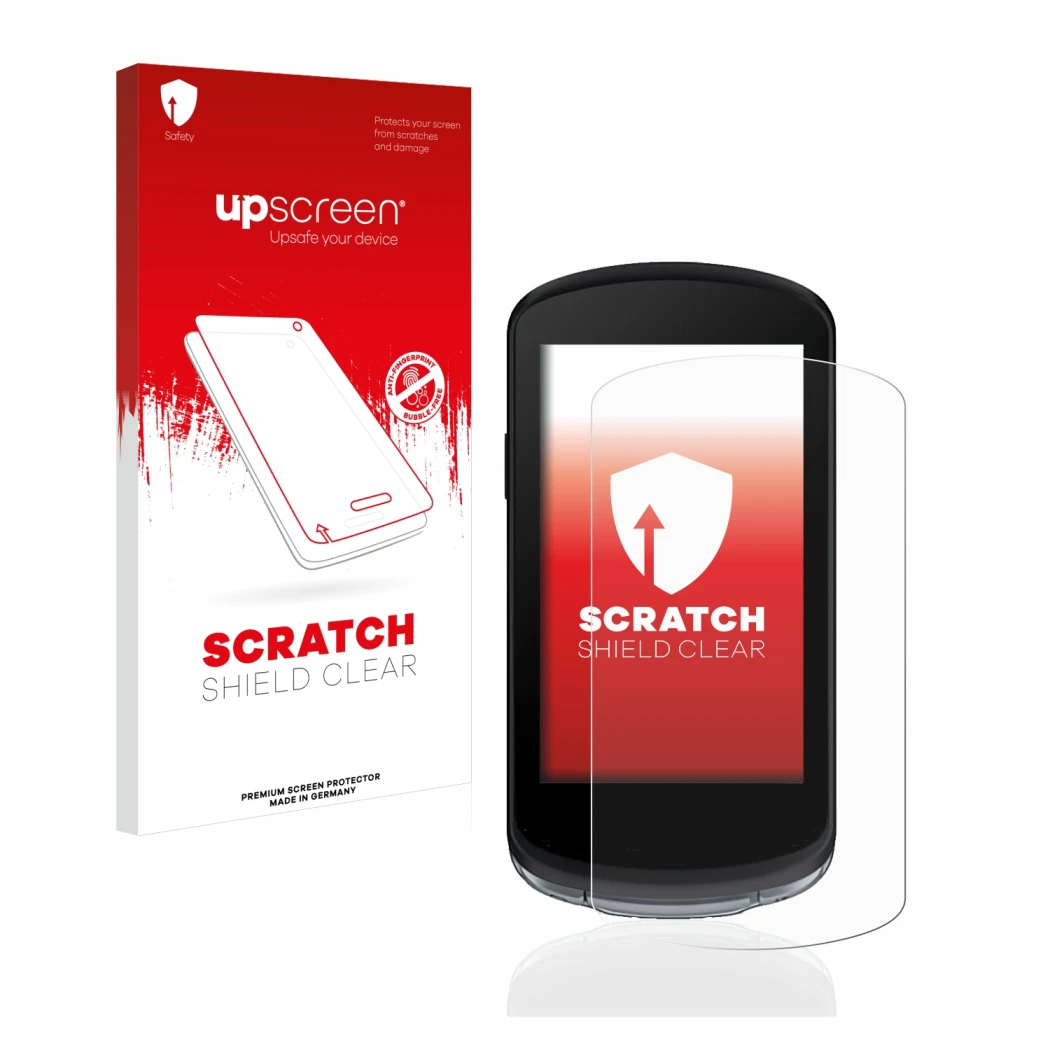 Parte frontal de un envase de producto con el logotipo de la marca upscreen. Al lado se muestra el dispositivo Garmin Edge 104
