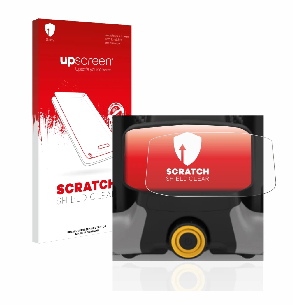 Parte frontal de un envase de producto con el logotipo de la marca upscreen. Al lado se muestra el dispositivo PowaKaddy CT8 c