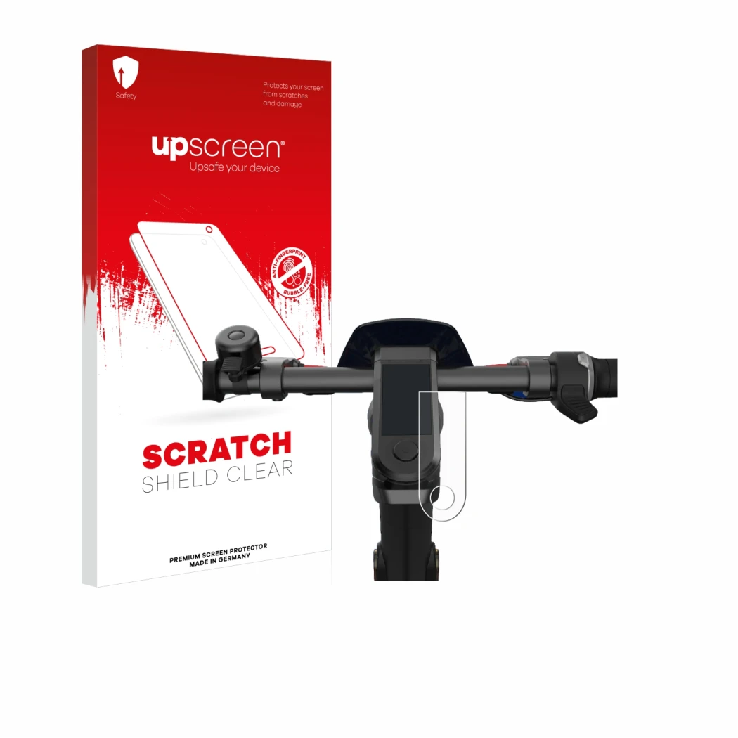 Parte frontal de un envase de producto con el logotipo de la marca upscreen. Al lado se muestra el dispositivo NIU KQi3 Pro co