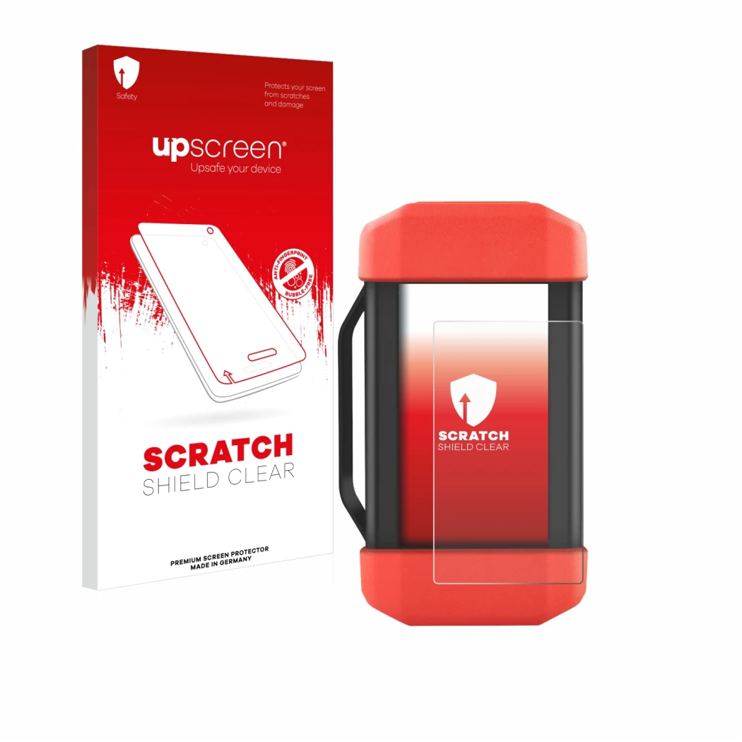 Parte frontal de un envase de producto con el logotipo de la marca upscreen. Al lado se muestra el dispositivo Launch SRDs Sma