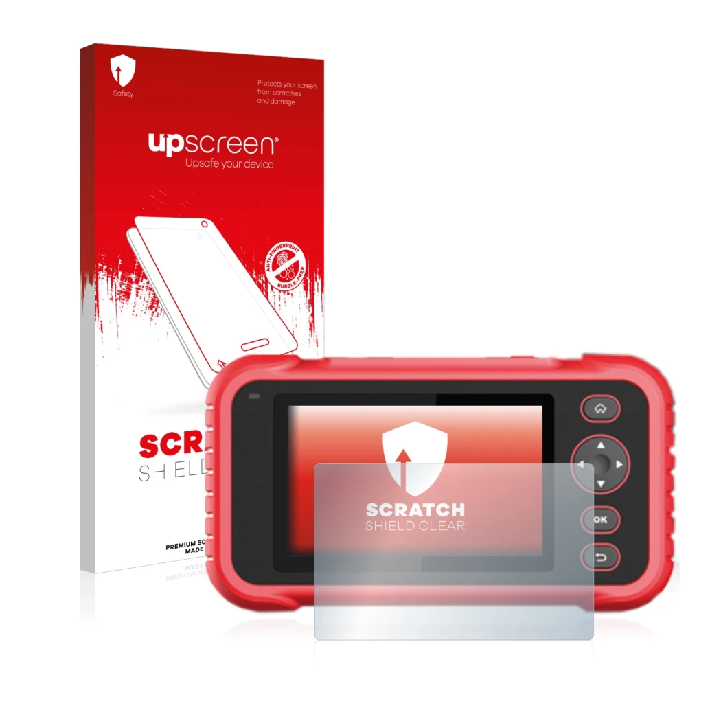 Parte frontal de un envase de producto con el logotipo de la marca upscreen. Al lado se muestra el dispositivo Launch CRP 123