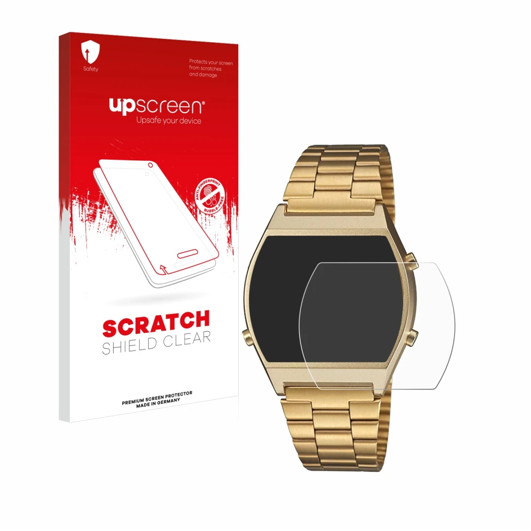 Parte frontal de un envase de producto con el logotipo de la marca upscreen. Al lado se muestra el dispositivo Casio Retro B64