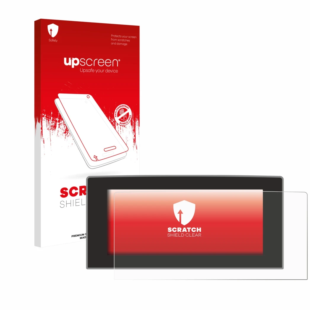 Parte frontal de un envase de producto con el logotipo de la marca upscreen. Al lado se muestra el dispositivo Ford Focus 2022
