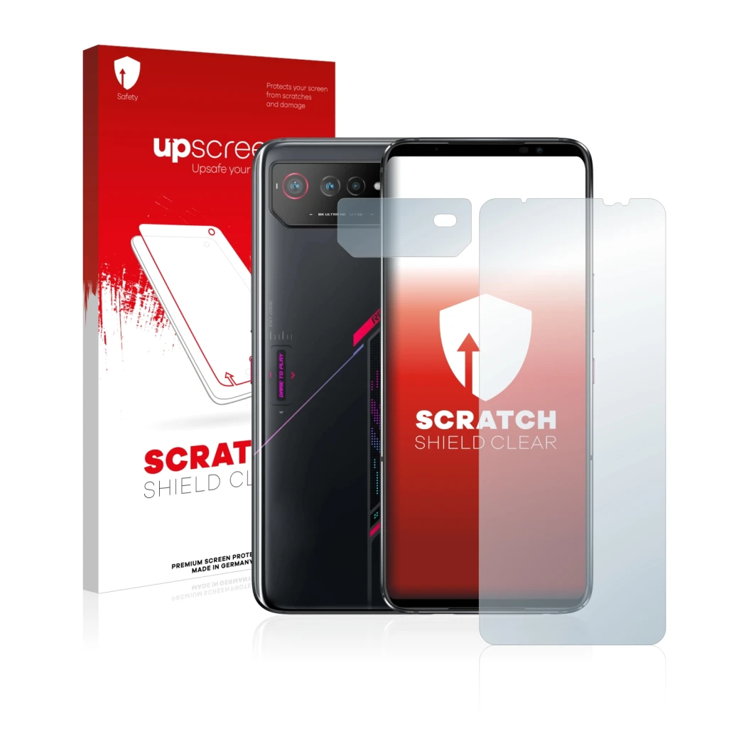 Parte frontal de un envase de producto con el logotipo de la marca upscreen. Al lado se muestra el dispositivo ASUS ROG Phone