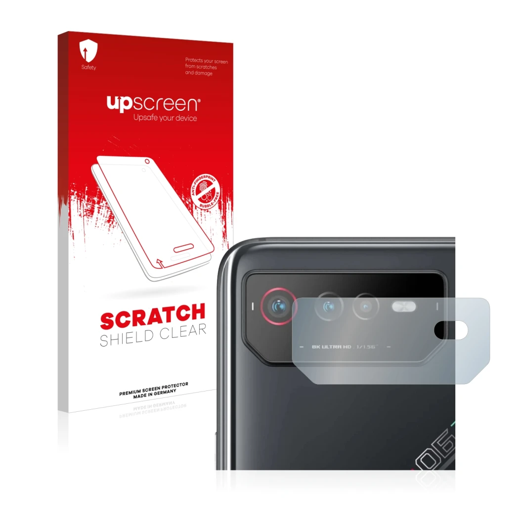 Parte frontal de un envase de producto con el logotipo de la marca upscreen. Al lado se muestra el dispositivo ASUS ROG Phone