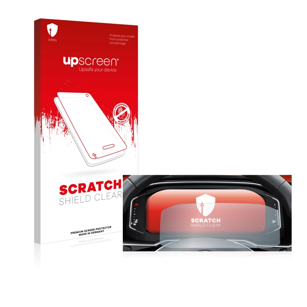 Parte frontal de un envase de producto con el logotipo de la marca upscreen. Al lado se muestra el dispositivo Volkswagen Tigu