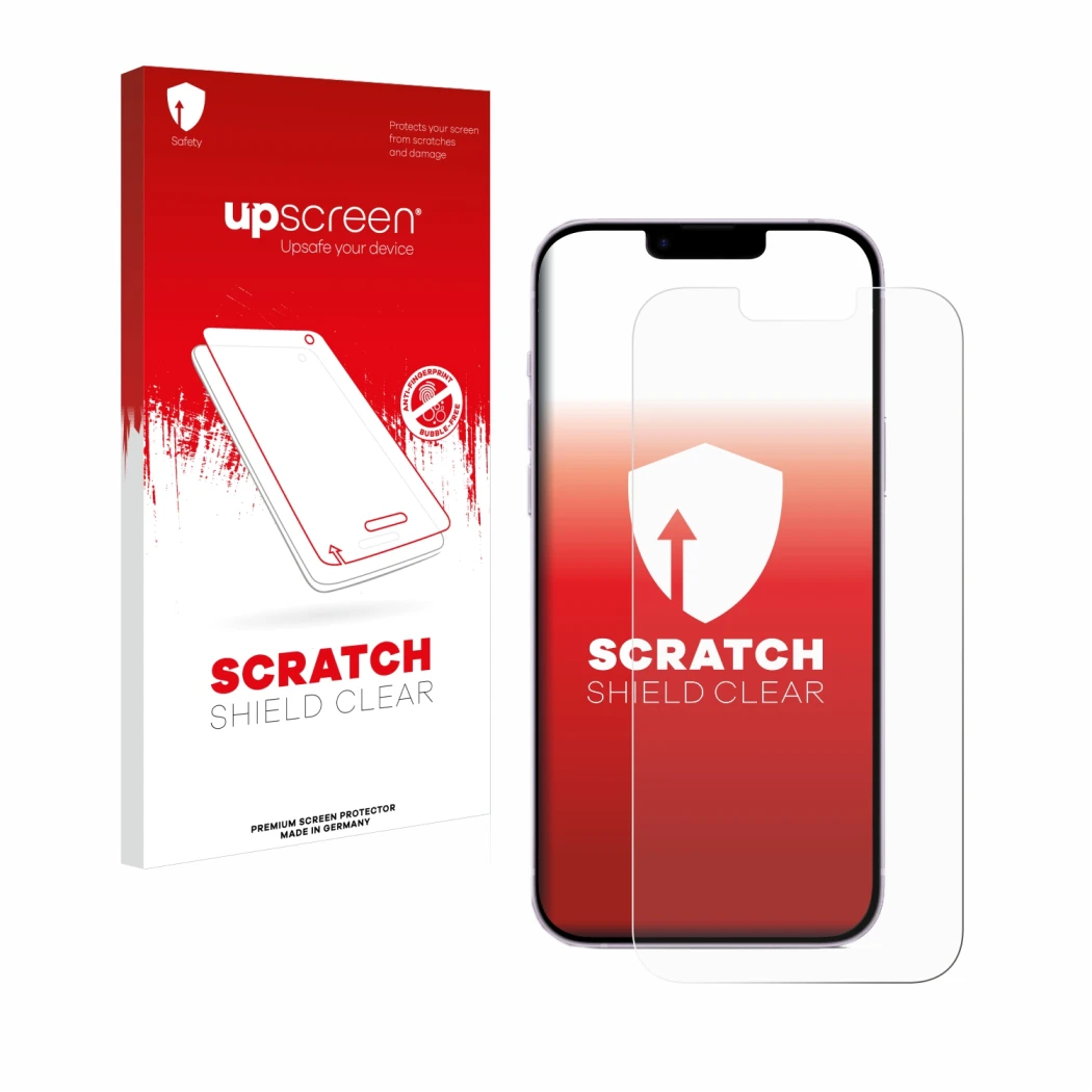 Parte frontal de un envase de producto con el logotipo de la marca upscreen. Al lado se muestra el dispositivo Apple iPhone 14