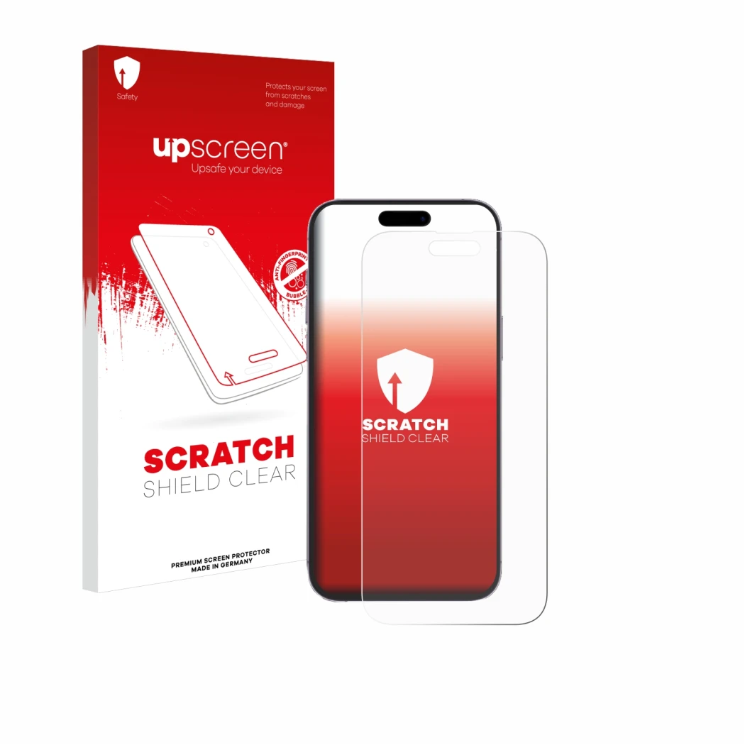 Parte frontal de un envase de producto con el logotipo de la marca upscreen. Al lado se muestra el dispositivo Apple iPhone 14