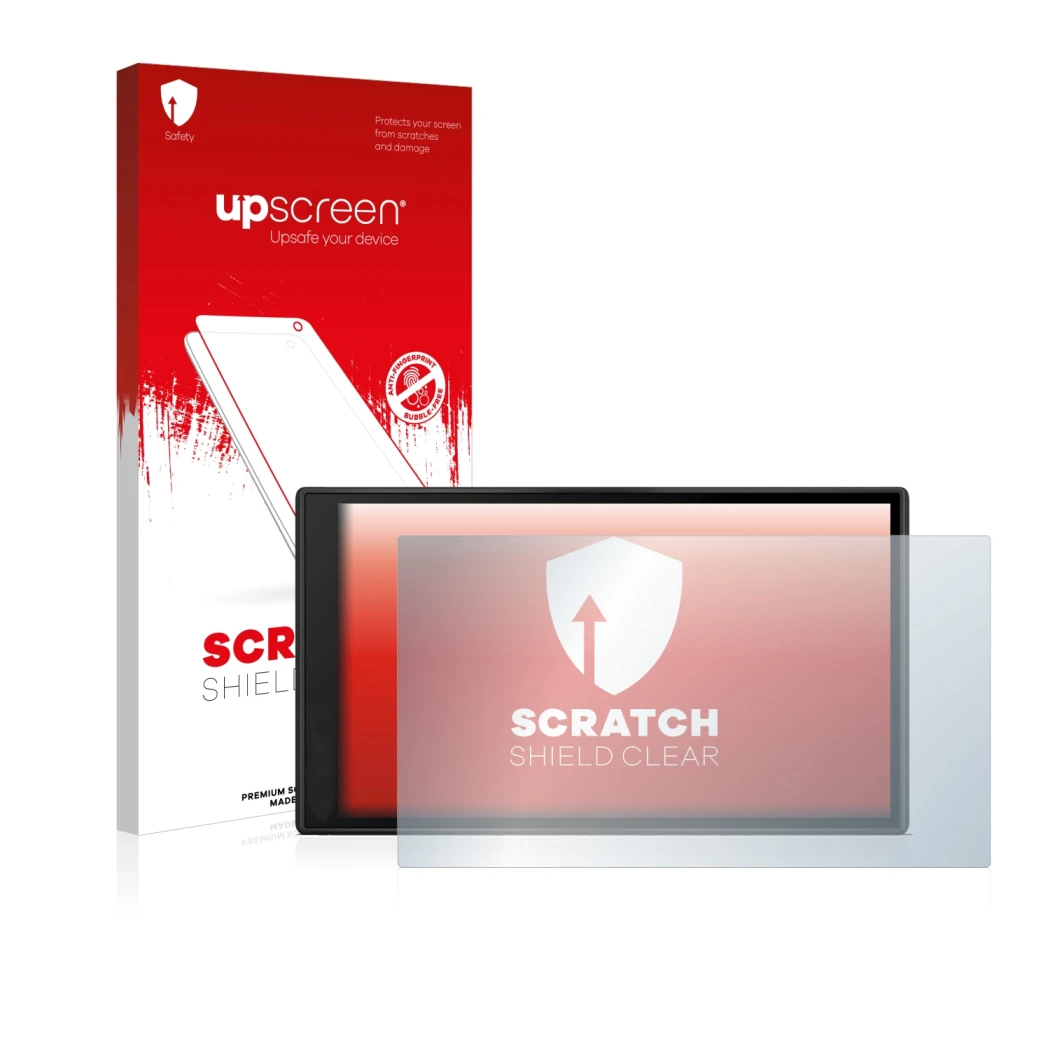 Parte frontal de un envase de producto con el logotipo de la marca upscreen. Al lado se muestra el dispositivo Garmin DriveSma