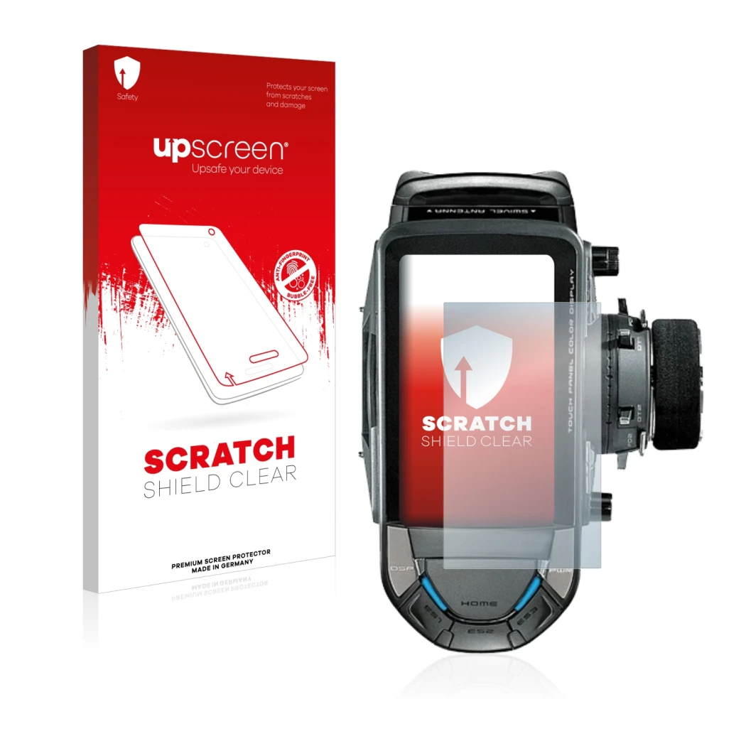 Parte frontal de un envase de producto con el logotipo de la marca upscreen. Al lado se muestra el dispositivo Futaba 10PX con