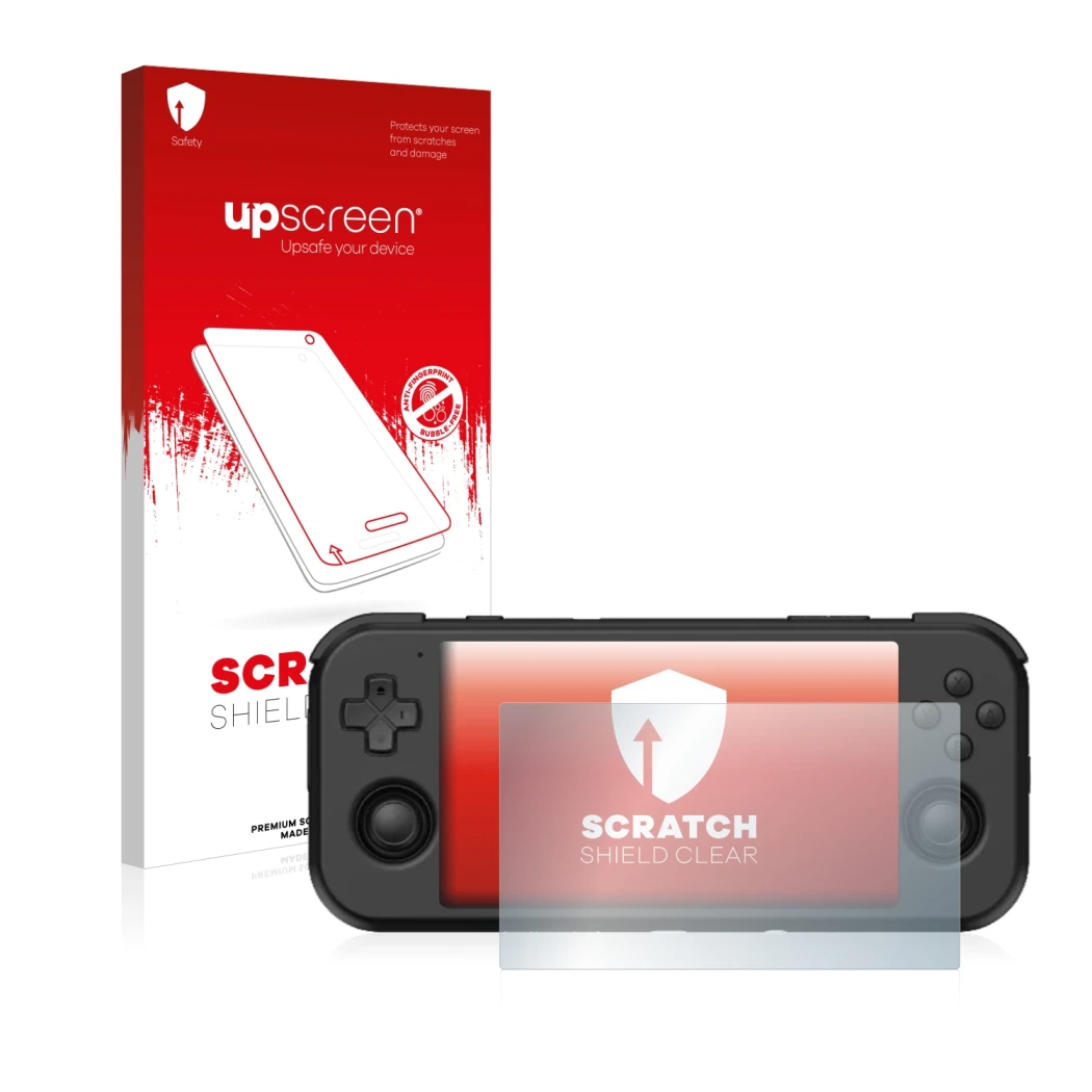 Parte frontal de un envase de producto con el logotipo de la marca upscreen. Al lado se muestra el dispositivo Retroid Pocket