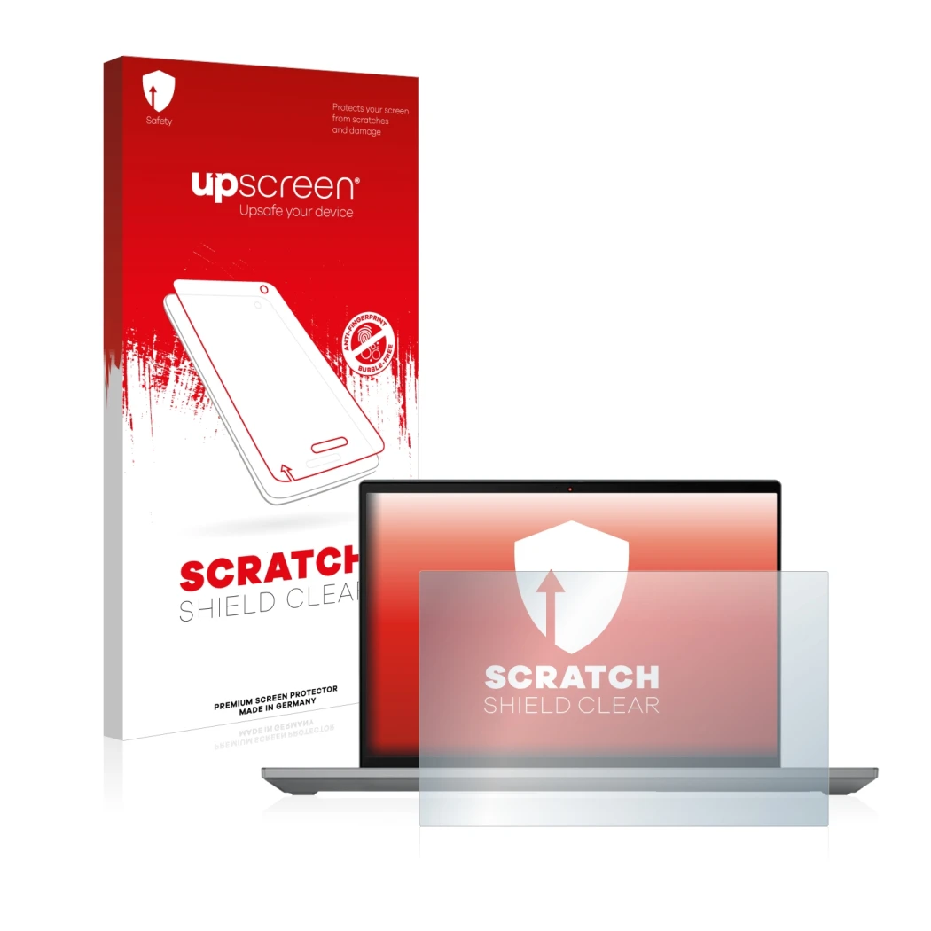 Parte frontal de un envase de producto con el logotipo de la marca upscreen. Al lado se muestra el dispositivo Lenovo ThinkPad