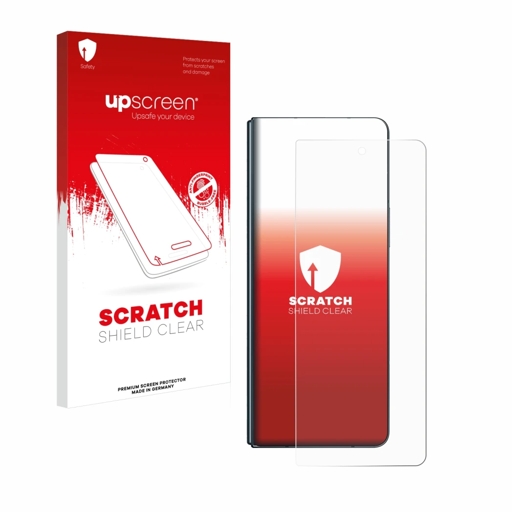 Parte frontal de un envase de producto con el logotipo de la marca upscreen. Al lado se muestra el dispositivo Samsung Galaxy