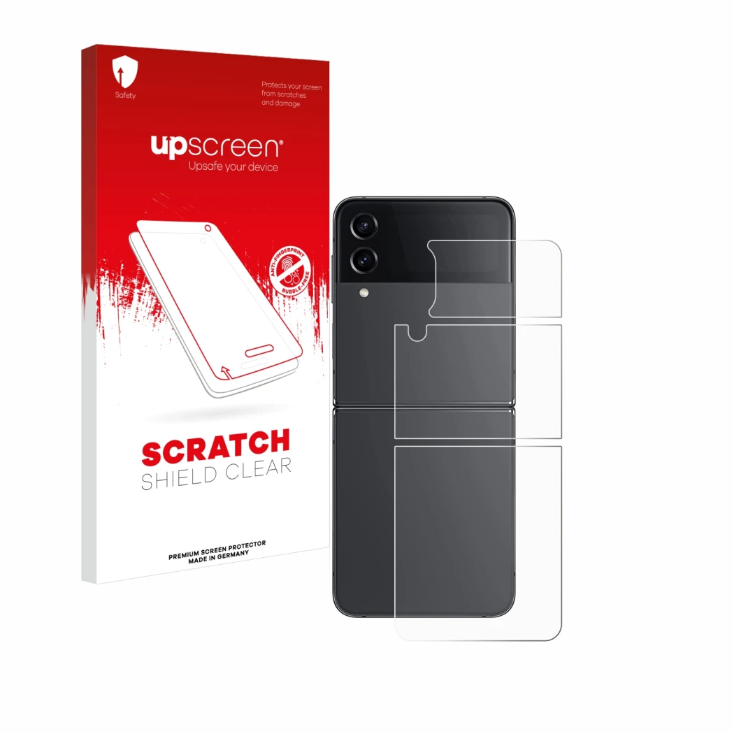Parte frontal de un envase de producto con el logotipo de la marca upscreen. Al lado se muestra el dispositivo Samsung Galaxy