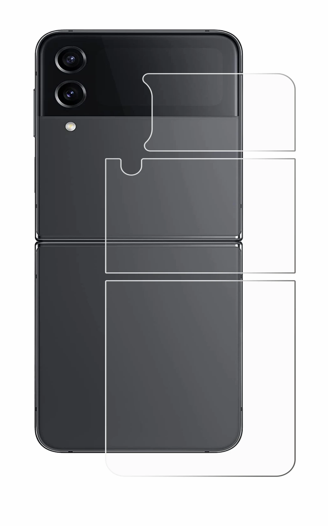 Imagen del dispositivo Samsung Galaxy Z Flip 4 (Trasero) con una amplia variedad de protectores de pantalla.