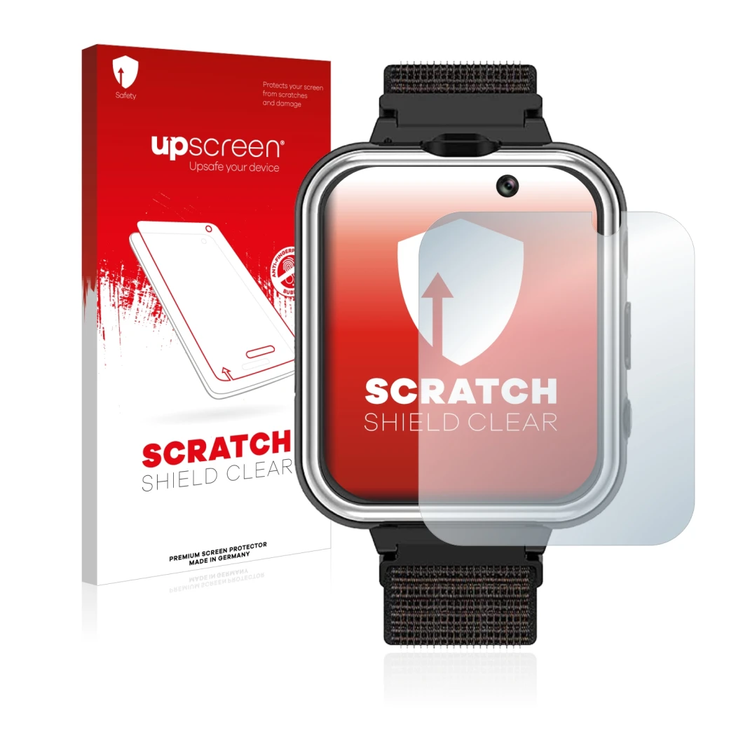 Parte frontal de un envase de producto con el logotipo de la marca upscreen. Al lado se muestra el dispositivo Pthtechus X32 c