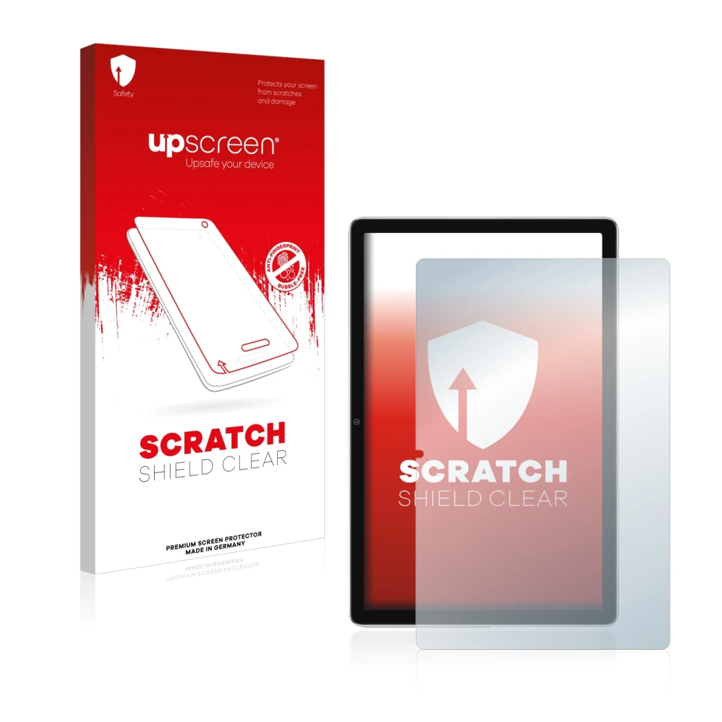 Parte frontal de un envase de producto con el logotipo de la marca upscreen. Al lado se muestra el dispositivo Blackview Tab 1