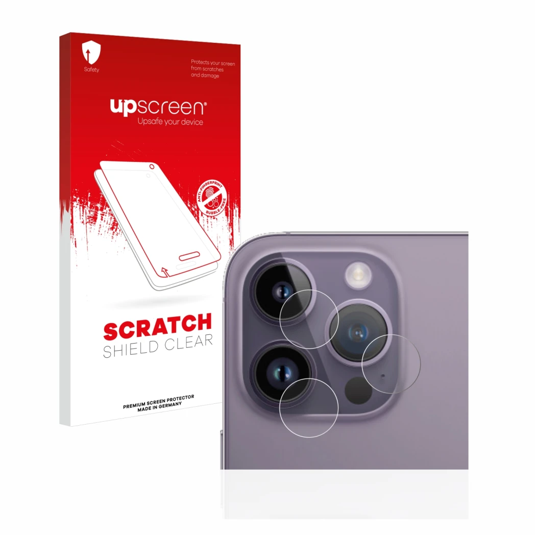 Parte frontal de un envase de producto con el logotipo de la marca upscreen. Al lado se muestra el dispositivo Apple iPhone 14