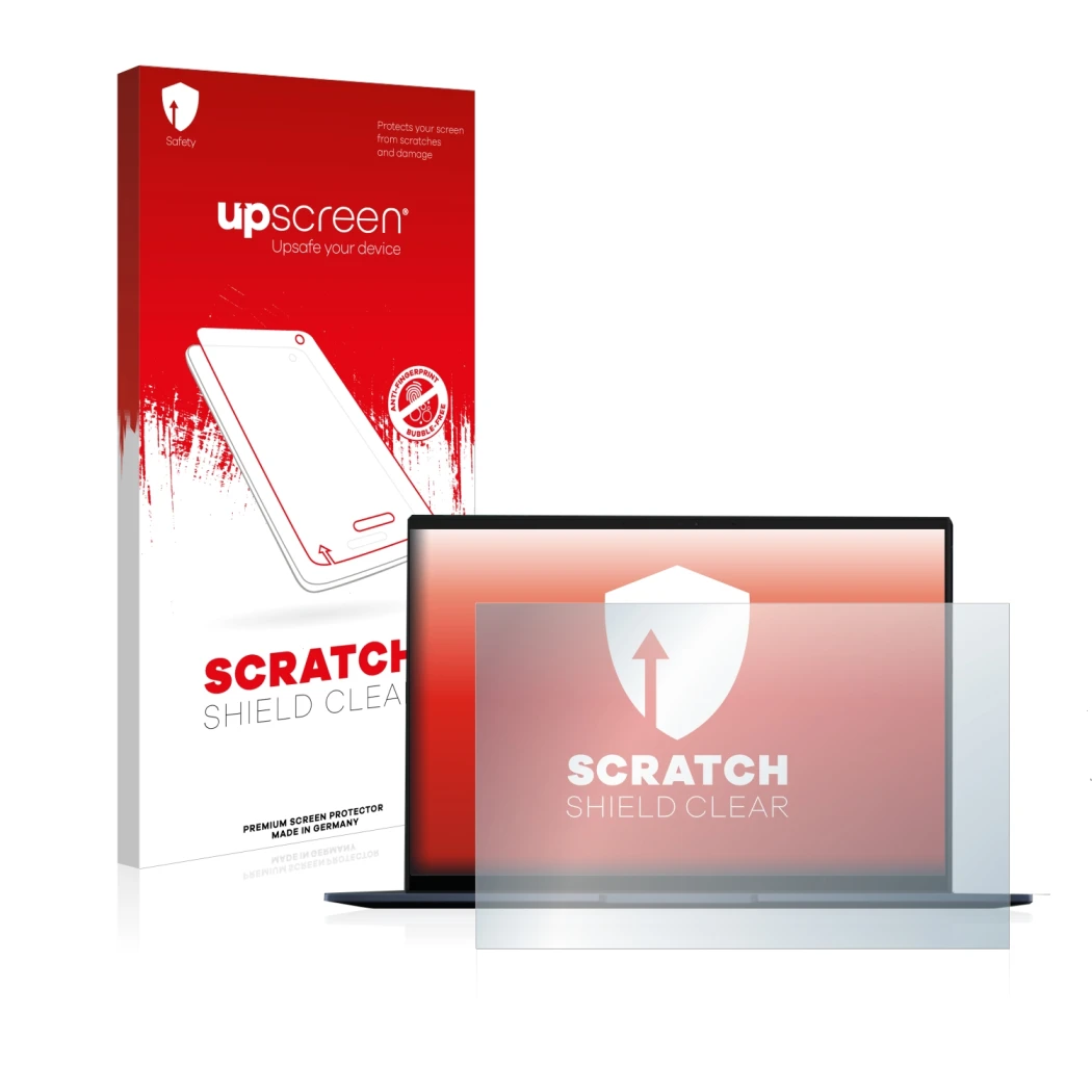 Parte frontal de un envase de producto con el logotipo de la marca upscreen. Al lado se muestra el dispositivo ASUS ZenBook 14